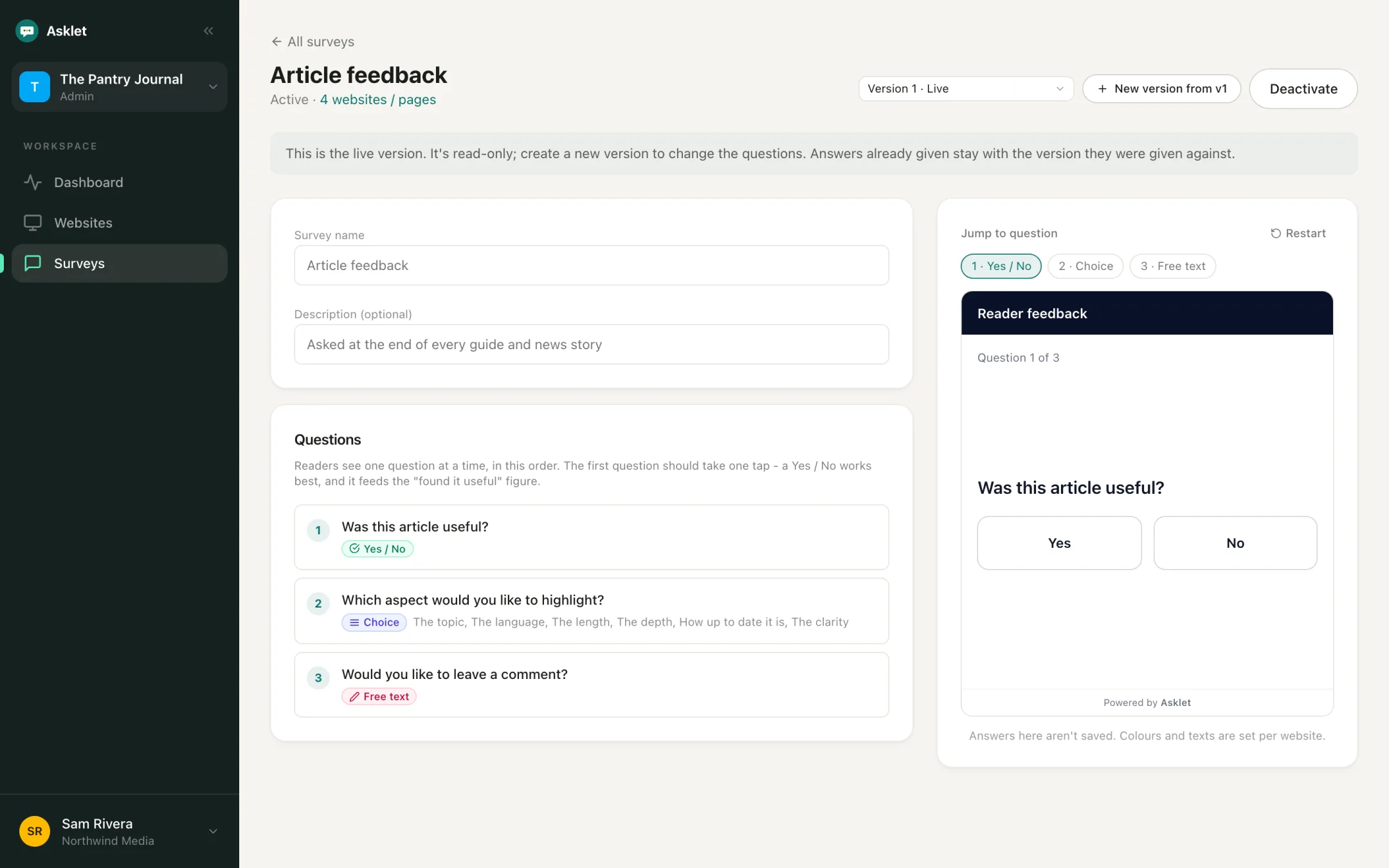 The survey builder: three questions (Yes/No, Choice, Free text) on the left and a live preview of the widget on the right.