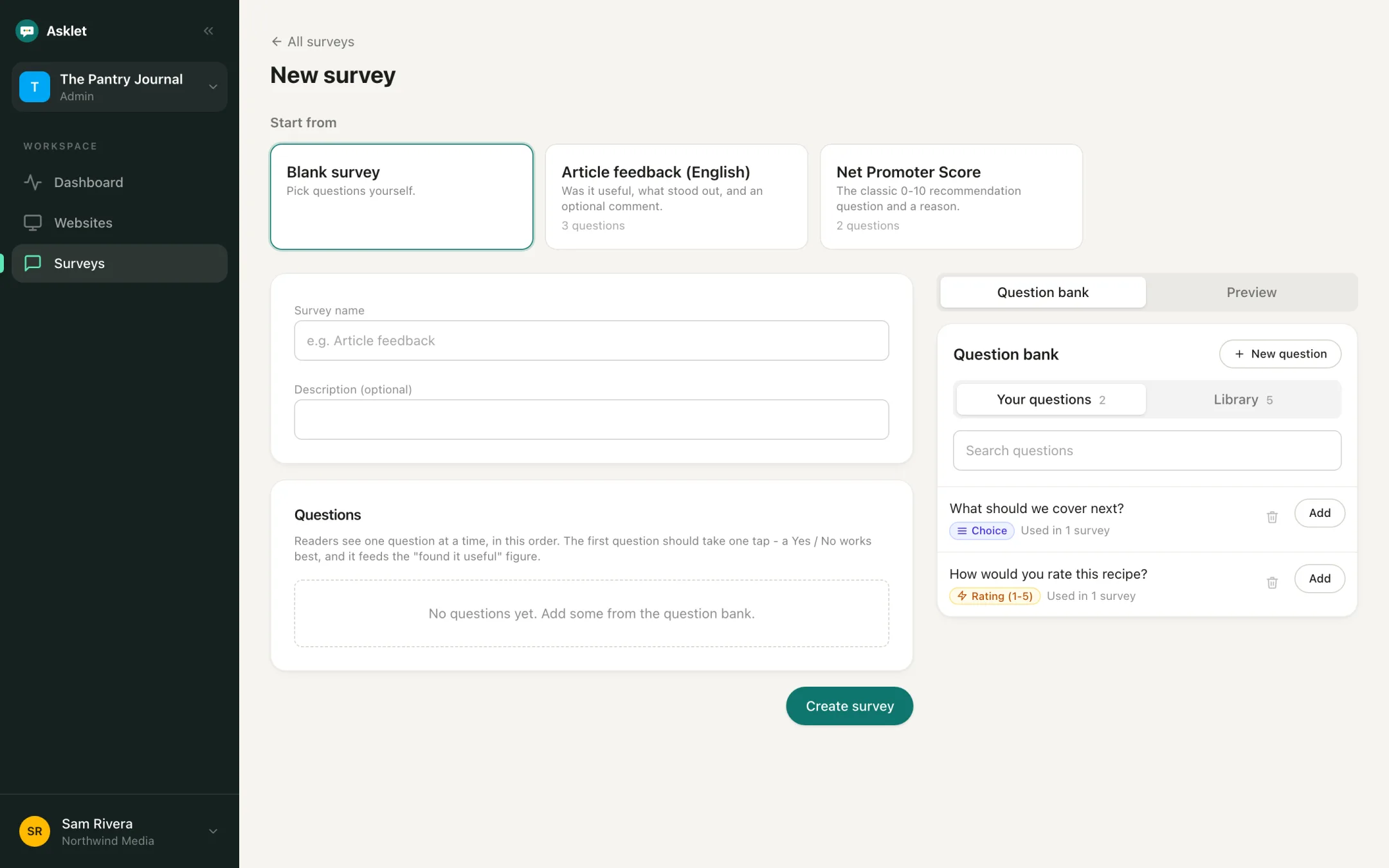 Creating a survey: start from a blank survey, the Article feedback template or the Net Promoter Score template, and add questions from the question bank.