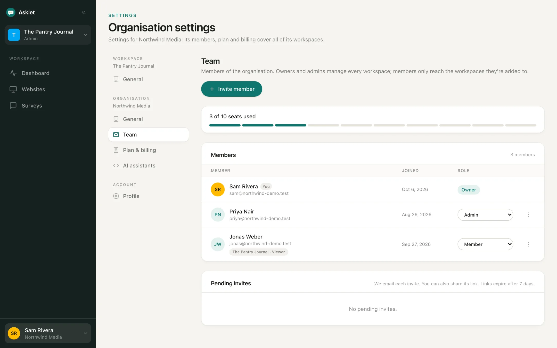 Organisation team settings: 3 of 10 seats used, with an owner, an admin and a member who can view one workspace.