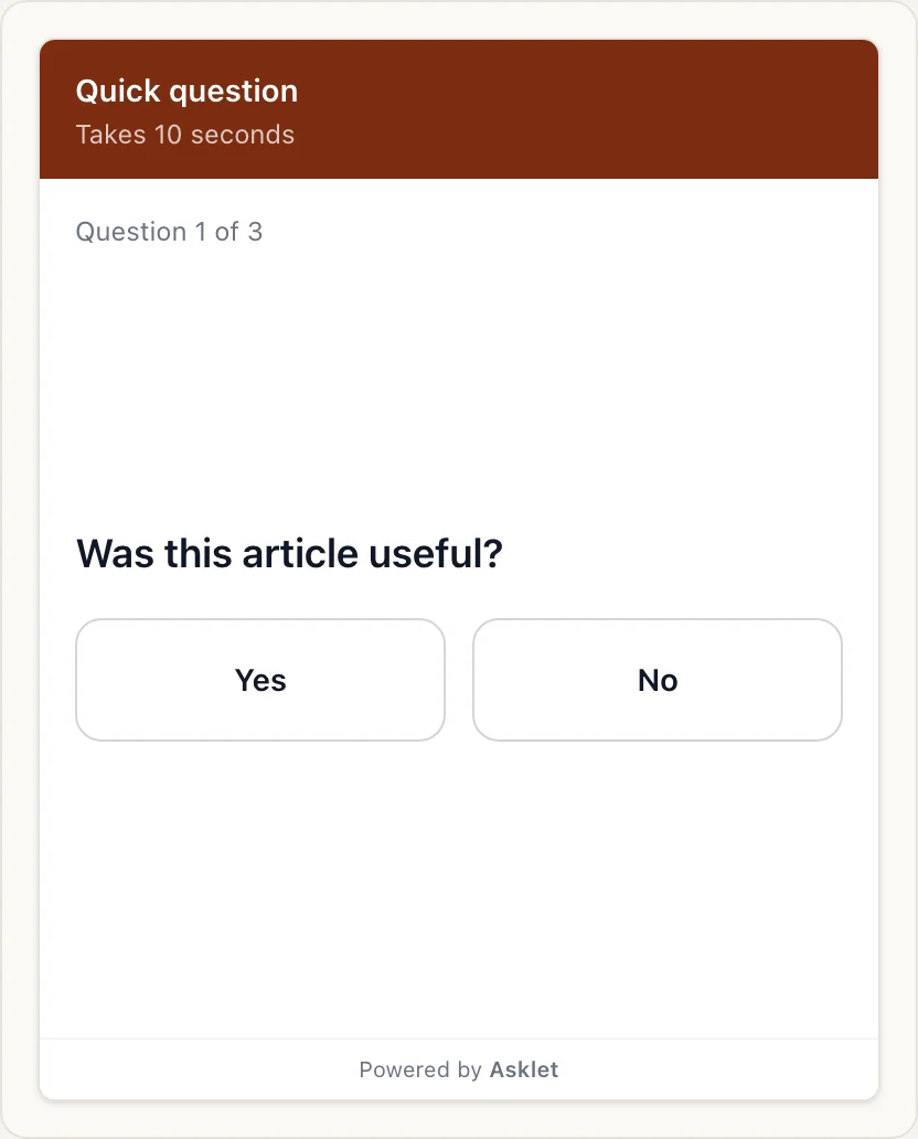 The reader widget with a dark orange header that says "Quick question - Takes 10 seconds", asking "Was this article useful?" with Yes and No buttons.