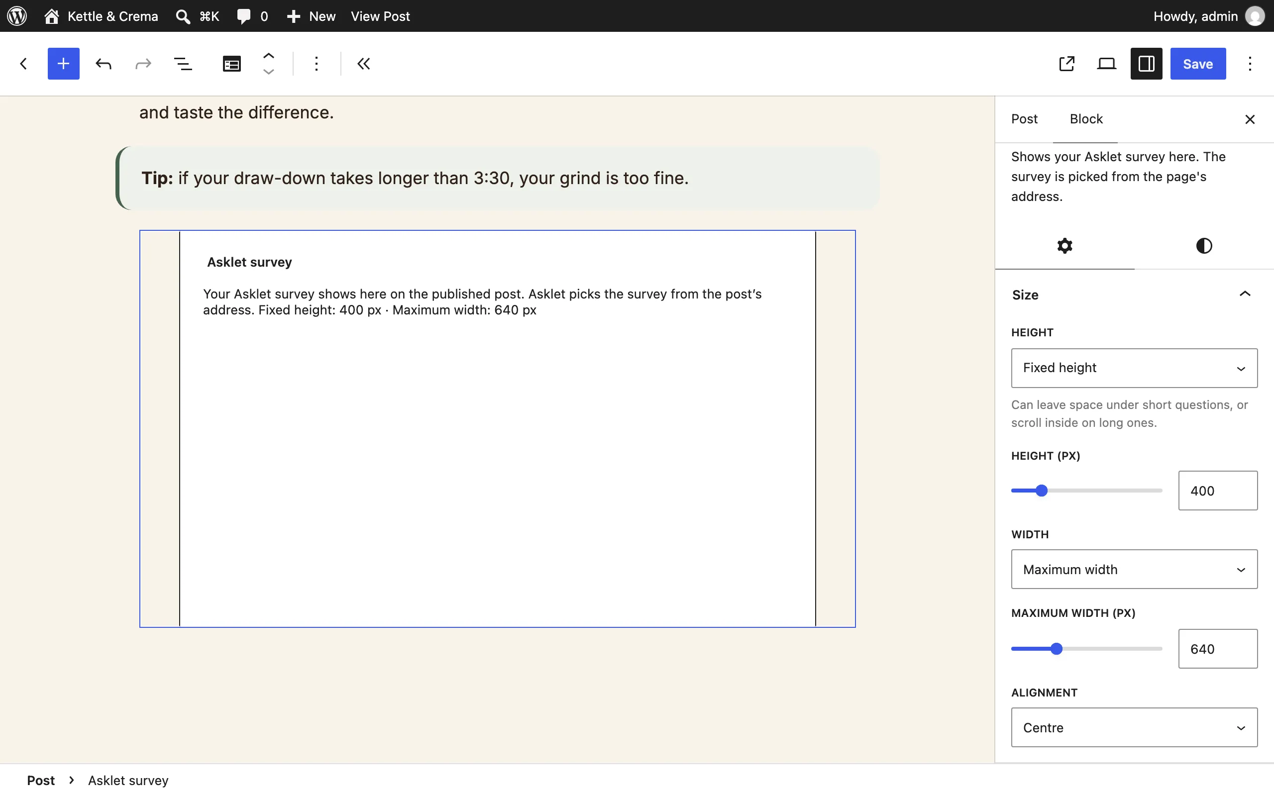 The Asklet survey block at the end of a post in the block editor, with its Size panel in the sidebar: a fixed height of 400 px and a maximum width of 640 px, centred.