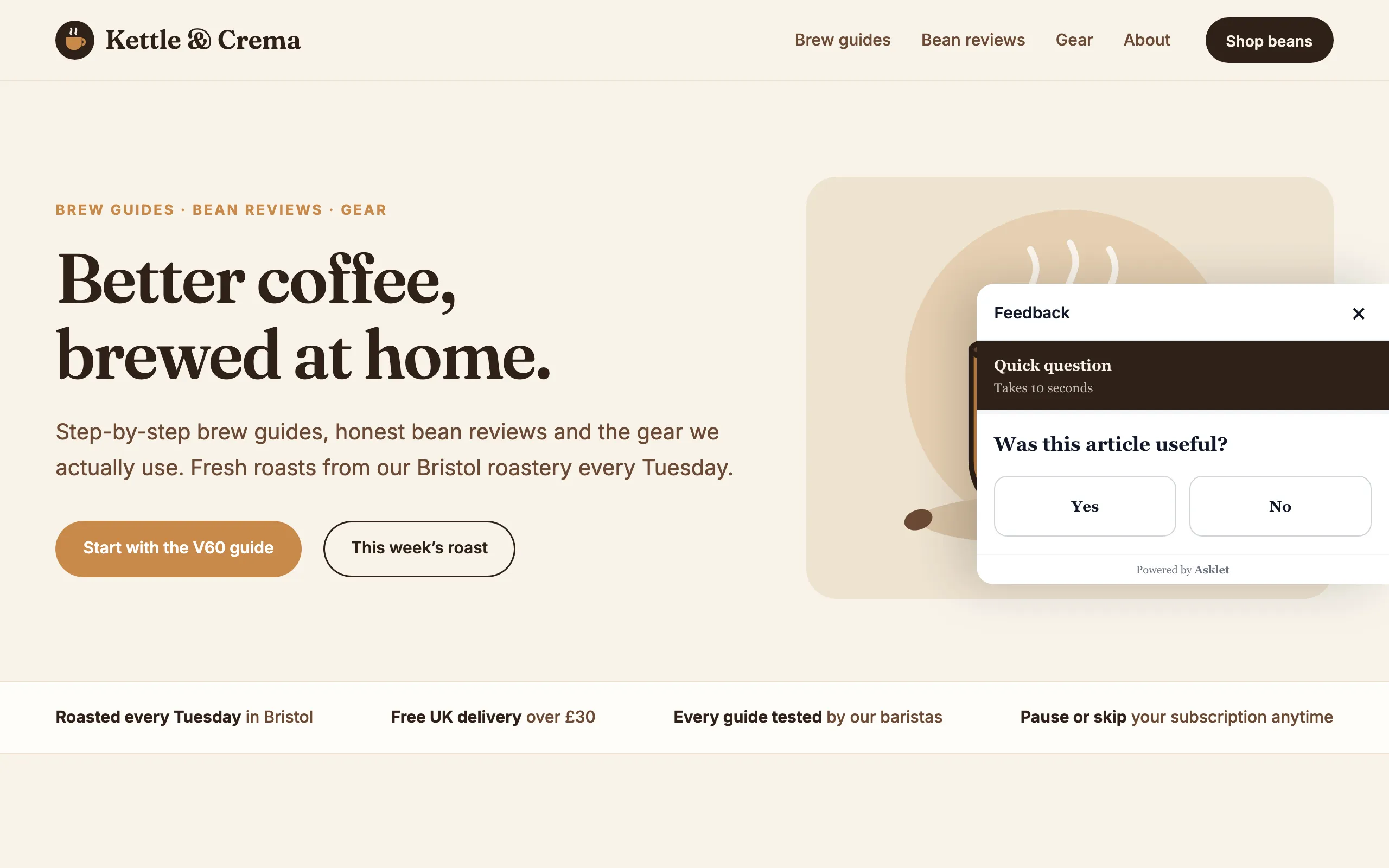 A coffee roastery homepage with the Asklet side panel open on the right, showing the survey, after a click on the Feedback tab at the edge of the screen.