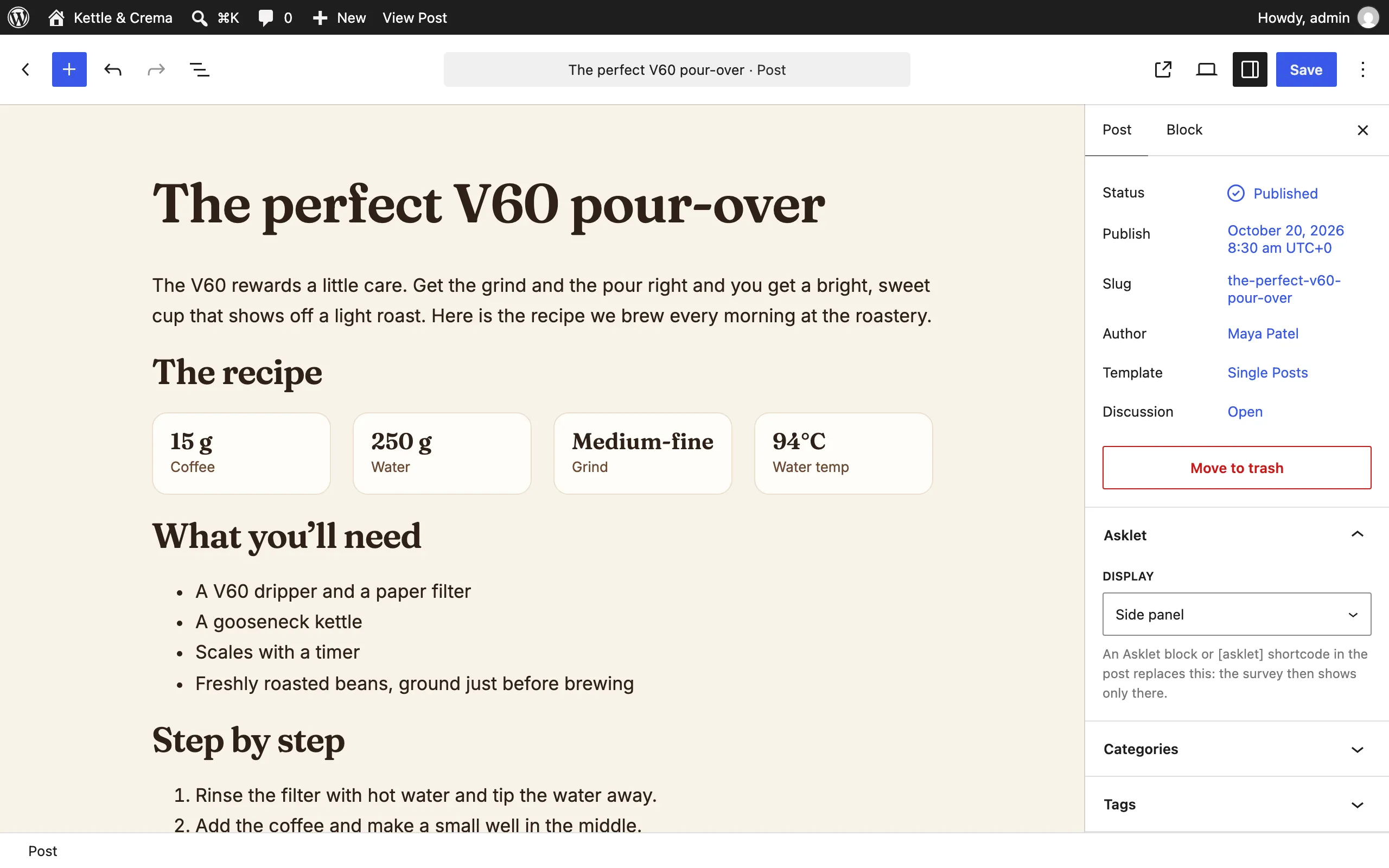 A coffee blog post open in the WordPress block editor, with the Asklet panel in the Post sidebar and its Display set to Side panel for this post.