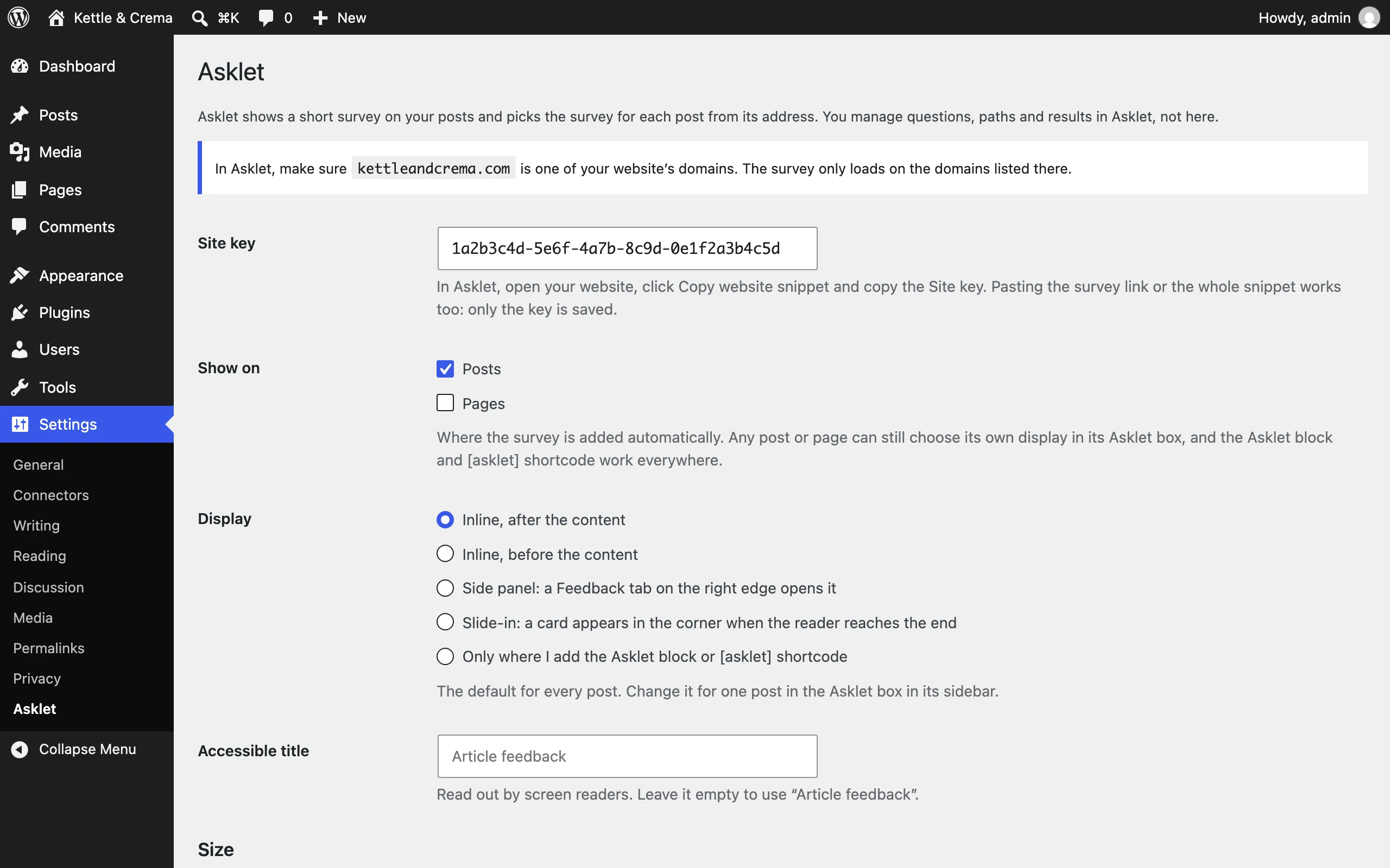 Settings → Asklet in WordPress: the site key field, Show on with Posts ticked, and the Display choices: inline after or before the content, side panel, slide-in, or only where the block or shortcode is added.